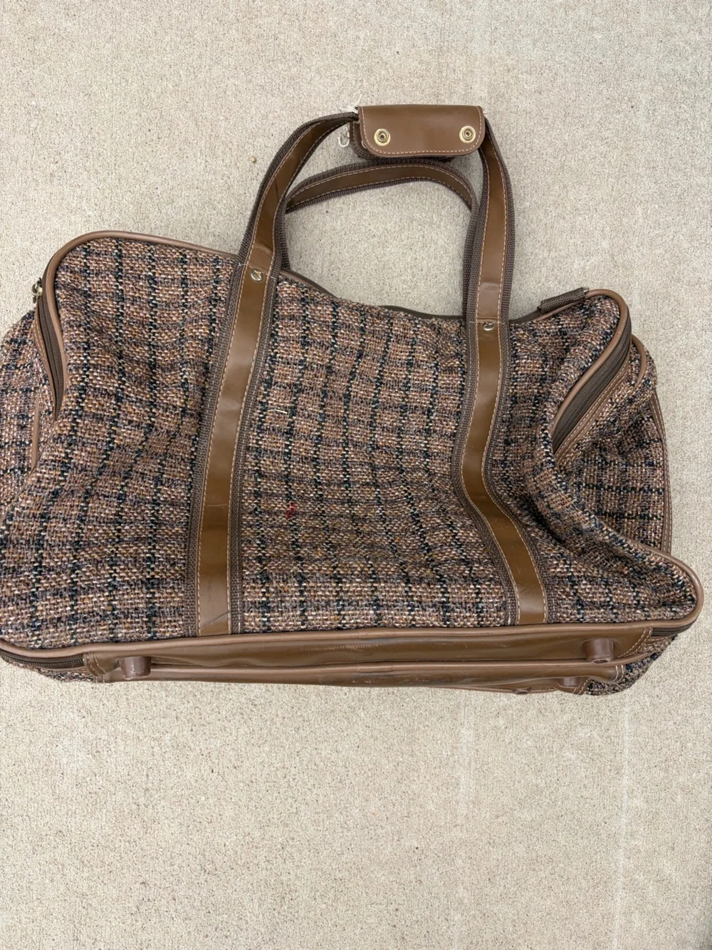 Vintage Oleg Cassini Tweed Travel Bag Suitcase Brown Weekender Shoulder Strap